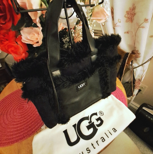 UGG Australia Black Suede leather Shearling Sherpa Sheepskin TopHandle Tote Hand - Picture 8 of 14